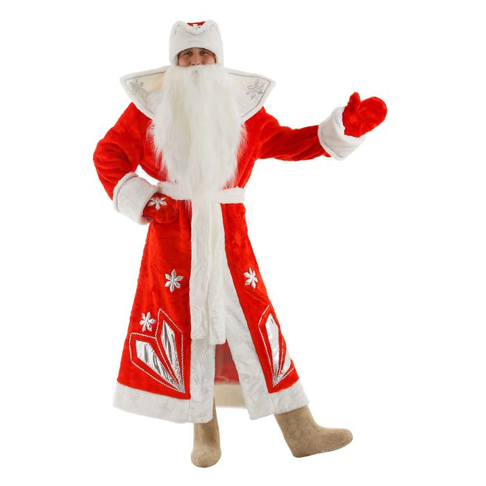 Карнавальный костюм "Дед Мороз", шуба с узорами из парчи, пояс, шапка, варежки, борода, р-р 52-54, рост 180 см