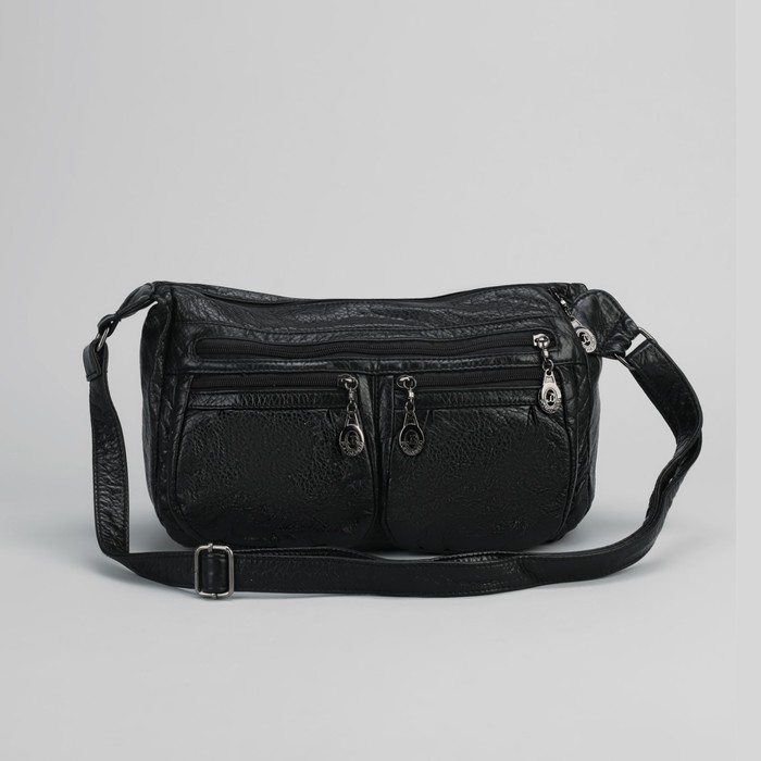 Сумка женская на молнии, 1 отдел с перегородкой, 4 наружных кармана, регулируемый ремень, чёрная