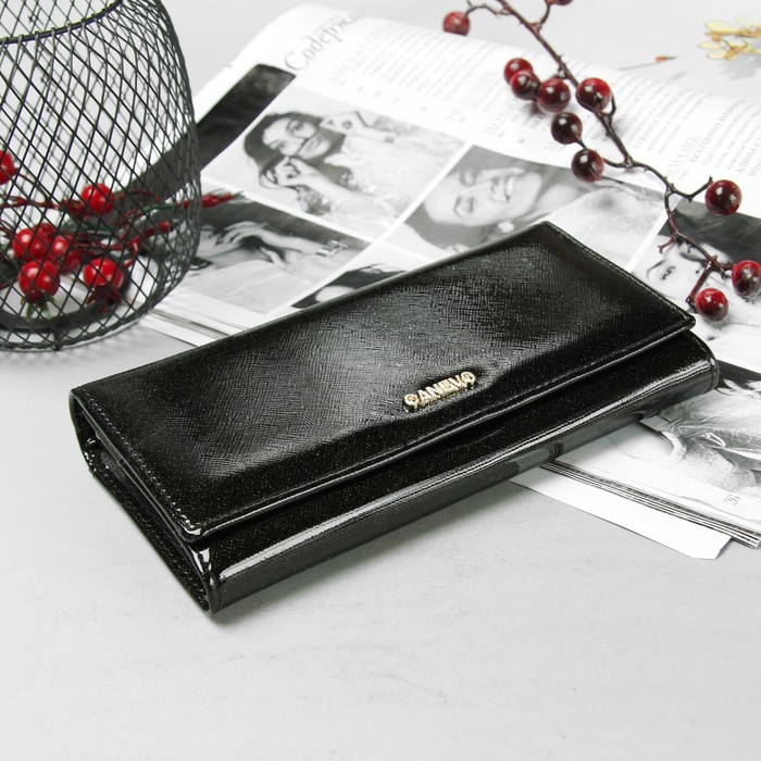 Кошелёк женский на клапане, 3 отдела, 2 отдела на рамке, отдел для карт, 1 наружный карман, чёрный