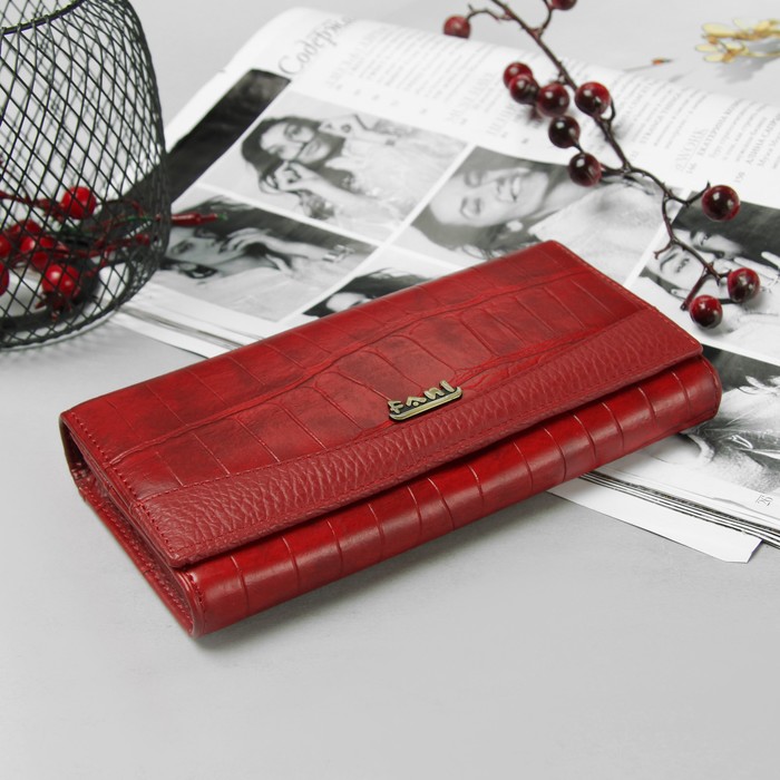 Кошелёк женский на клапане, 3 отдела, 2 отдела на рамке, отдел для карт, 1 наружный карман, красный