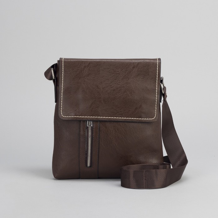 Планшет мужской "Рон", 1 отдел, 2 наружных кармана, длинный ремень, коричневый