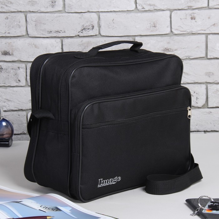 Сумка мужская на молнии "Имидж-2", 1 отдел, 2 наружных кармана, длинный ремень, чёрная