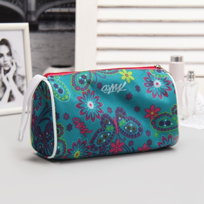 Косметичка простая на молнии "Бабочки", 1 отдел, цвет бирюзовый