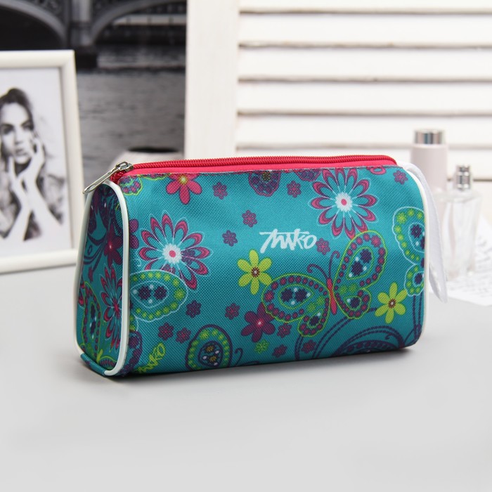 Косметичка простая на молнии "Бабочки", 1 отдел, цвет бирюзовый