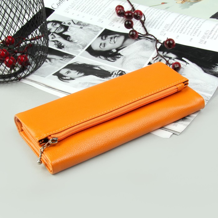 Кошелёк женский на клапане, 2 отдела, отдел для монет, отдел для карт, оранжевый матовый