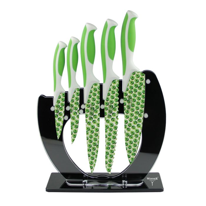 Набор ножей, 6 предметов: поварской 34 см, д/нарезки 33 см, д/резки хлеба 33 см, универсальный 24 см, д/очистки, цвет МИКС