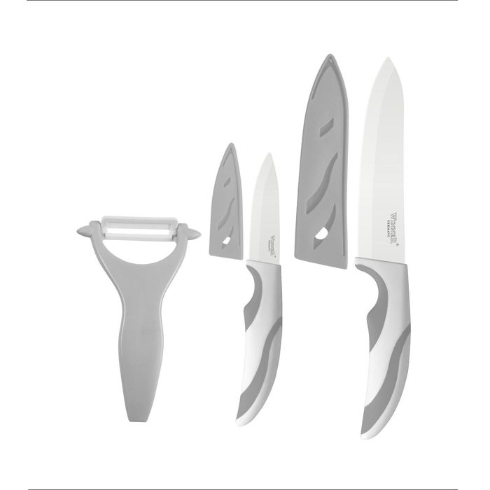 Набор керамических ножей, 3 пр: поварской 28см, д/очистки 18см, картофелечистка, цвет МИКС