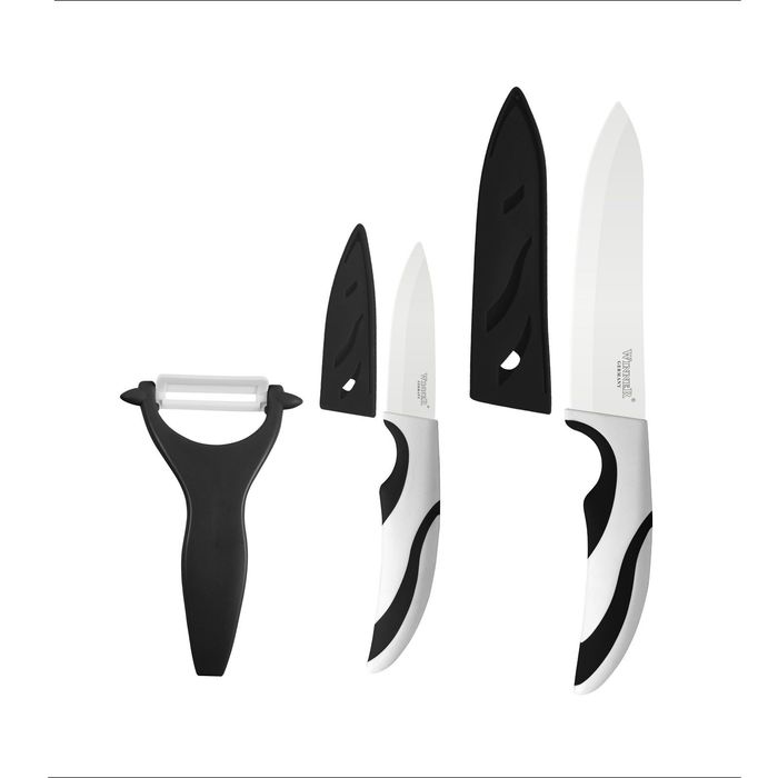 Набор керамических ножей, 3 пр: поварской 28см, д/очистки 18см, картофелечистка, цвет МИКС
