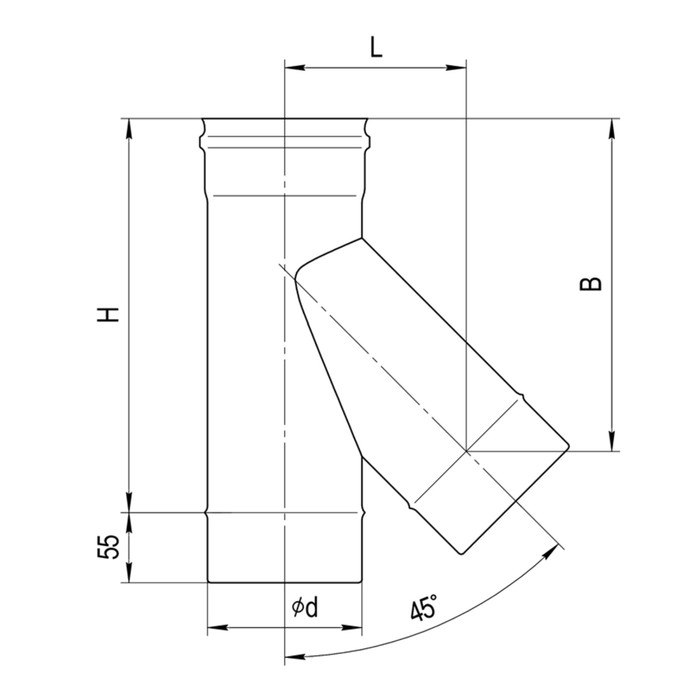 Тройник Феррум угол 135°, нержавеющий 430/0,5мм, d 120, по воде