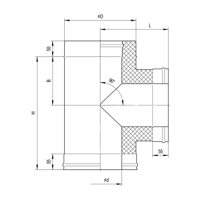 Тройник Феррум утепленный угол 90° нержавеющий 430/0,5мм, оцинкованный, d 150/210, по воде
