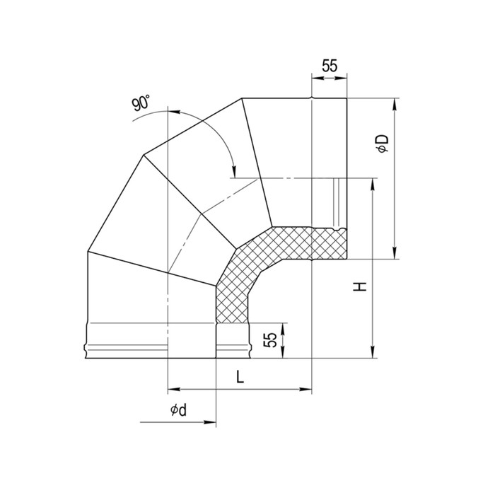 Колено Феррум утепленное угол 90° нержавеющее 430/0,5мм, оцинкованное, d 150/210 мм, по воде