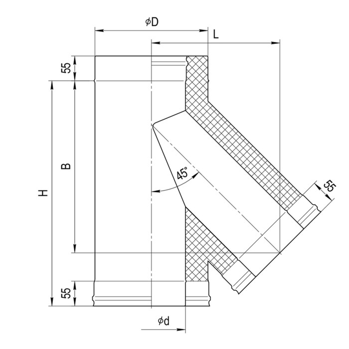 Тройник Феррум утепленный угол 135° нержавеющий 430/0,5мм, оцинкованный, d 115/200, по воде