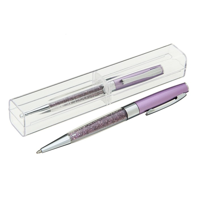 Ручка шариковая подарочная в пластиковом футляре поворотная NEW Стразы сиреневая с серебром
