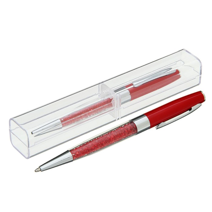 Ручка шариковая подарочная в пластиковом футляре поворотная NEW Стразы красная с серебром