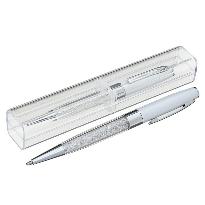 Ручка шариковая подарочная в пластиковом футляре поворотная NEW Стразы белая с серебром