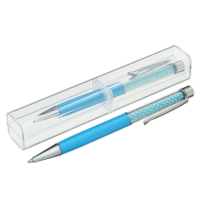 Ручка шариковая подарочная в пластиковом футляре поворотная NEW Жемчуг голубая с серебром