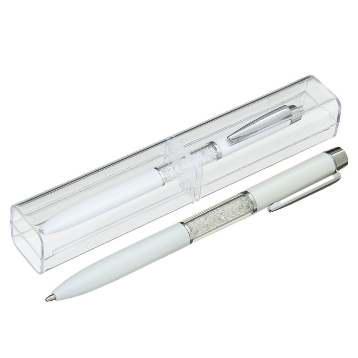 Ручка шариковая подарочная в пластиковом футляре поворотная NEW Стразы белая с серебром