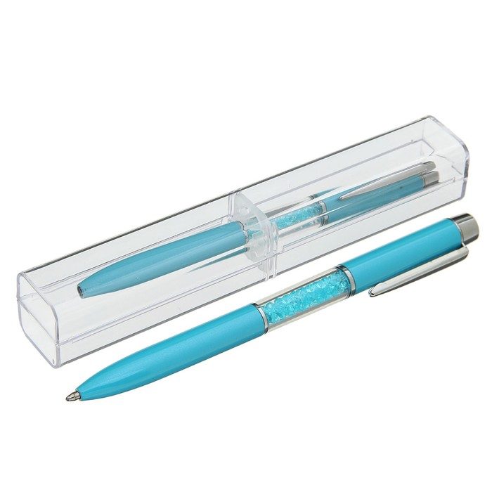 Ручка шариковая подарочная в пластиковом футляре поворотная NEW Стразы голубая с серебром