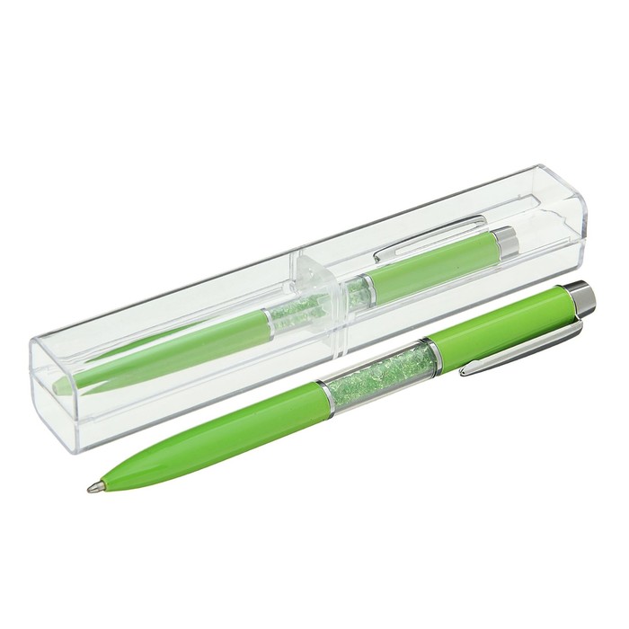 Ручка шариковая подарочная в пластиковом футляре поворотная NEW Стразы зеленая с серебром