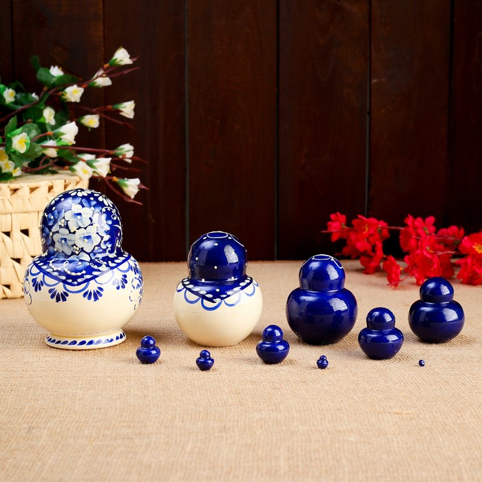 Матрёшка «Гжель», синий платок, 10 кукольная, 14 см, люкс