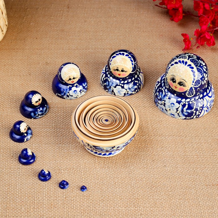 Матрёшка «Гжель», синий платок, 10 кукольная, 14 см, люкс