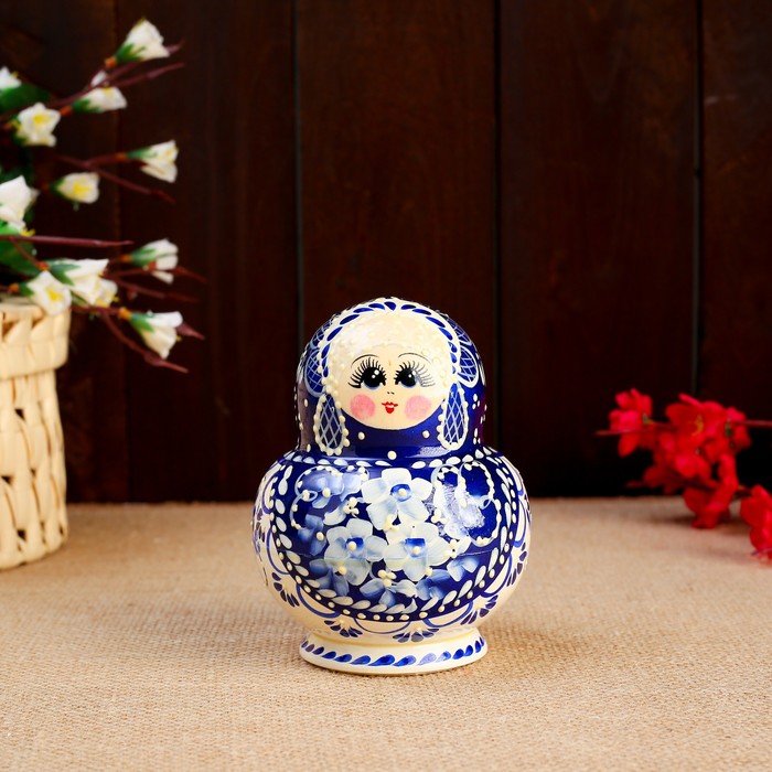 Матрёшка «Гжель», синий платок, 10 кукольная, 14 см, люкс