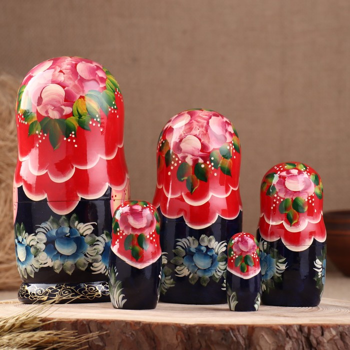 Матрёшка «Ажурная», с цветком на донышке, синий платок, 5 кукольная, 15 см, люкс