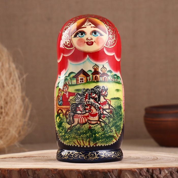 Матрёшка «Ажурная», с цветком на донышке, синий платок, 5 кукольная, 15 см, люкс