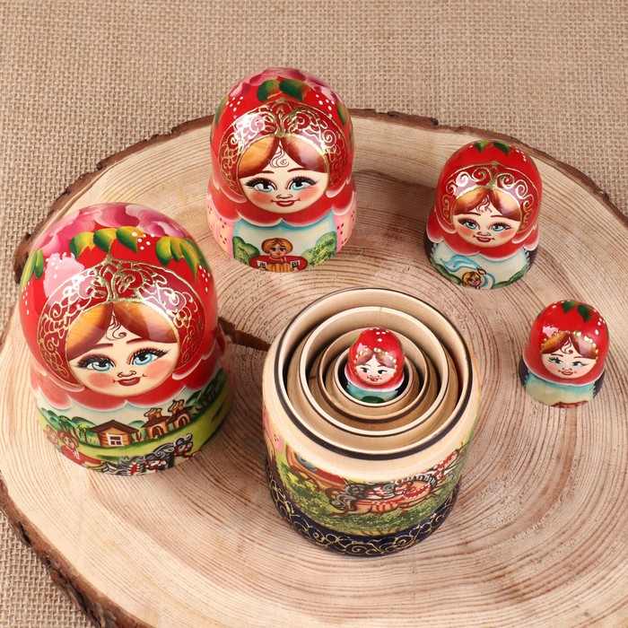 Матрёшка «Ажурная», с цветком на донышке, синий платок, 5 кукольная, 15 см, люкс