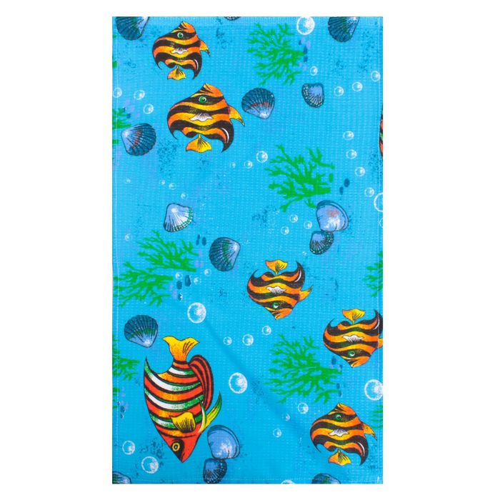 Полотенце вафельное набивное" Рыбки", 40х70 см, голубой. 160 гр/м, 100% хлопок