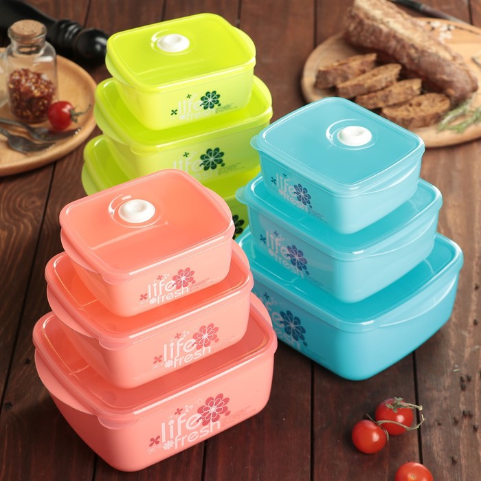 Набор ланч-боксов "Свежесть", 3 шт: 350 мл, 600 мл, 1,2 л (21х15 см/16х13 см/13х10 см), цвета МИКС