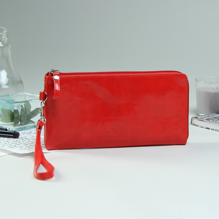 Клатч на молнии, 1 отдел с перегородкой, с ремешком, красный