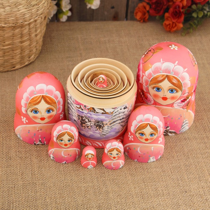 Матрёшка «Зима», розовый платок, 7 кукольная, 18 см, люкс