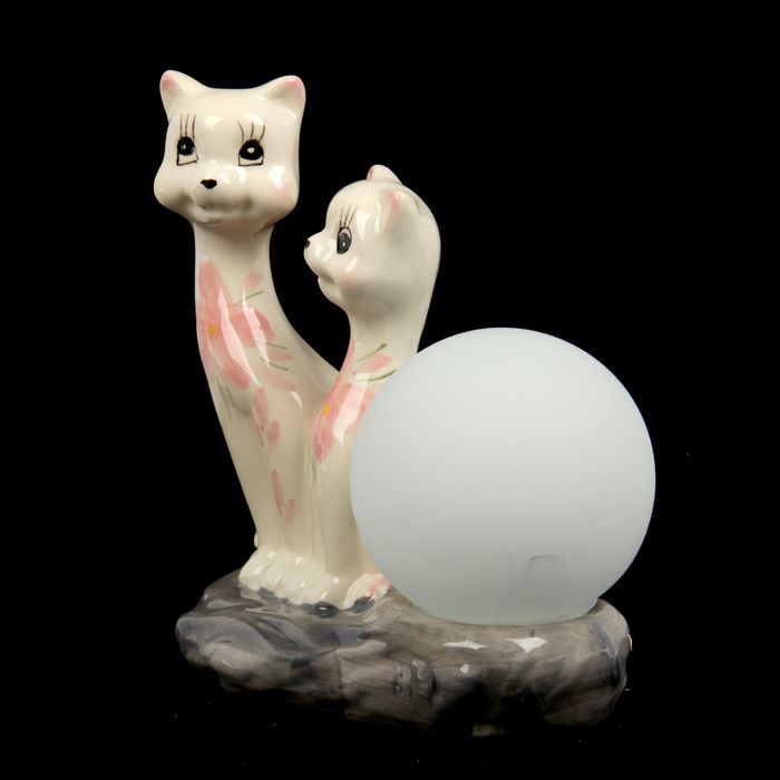 Светильник "Кошечка с котёнком с розовыми цветочками"