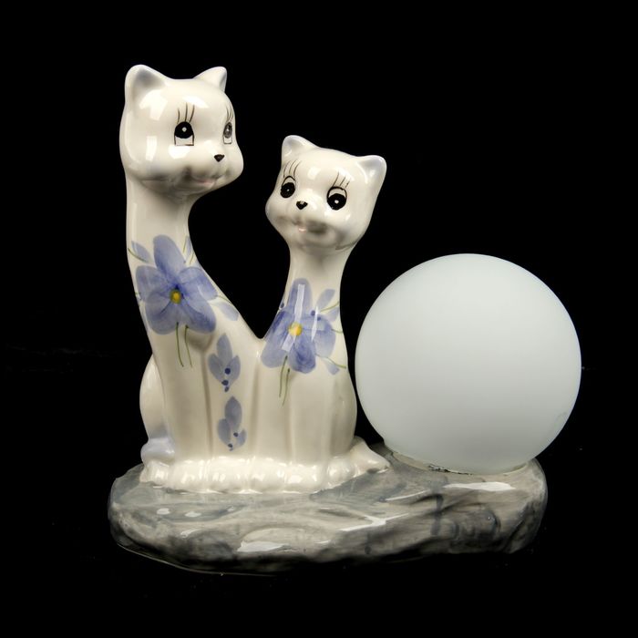 Светильник "Кошечка с котёнком с синими цветочками"