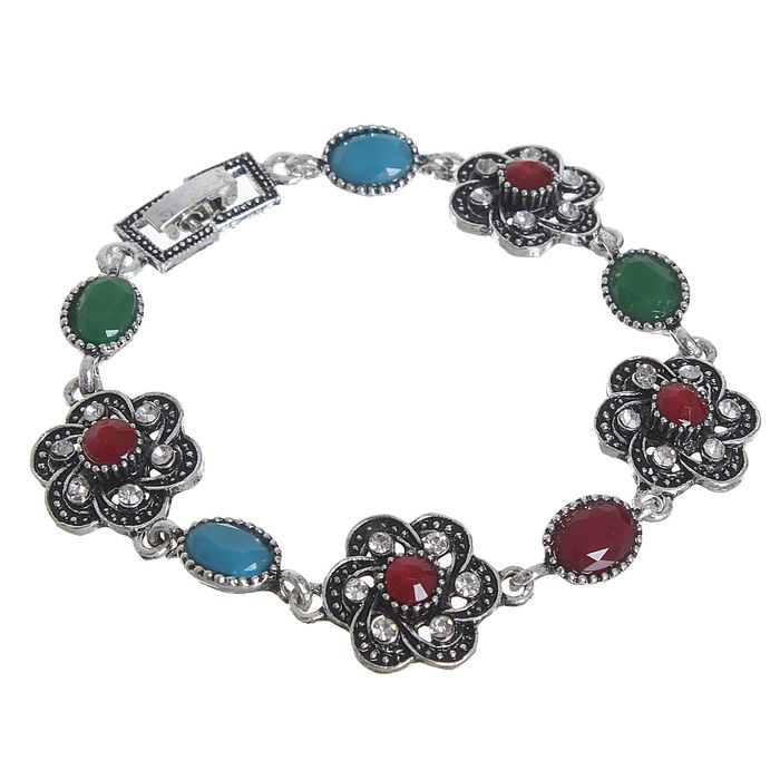 Браслет со стразами "Великолепный век" цветок, цветной в черненом серебре