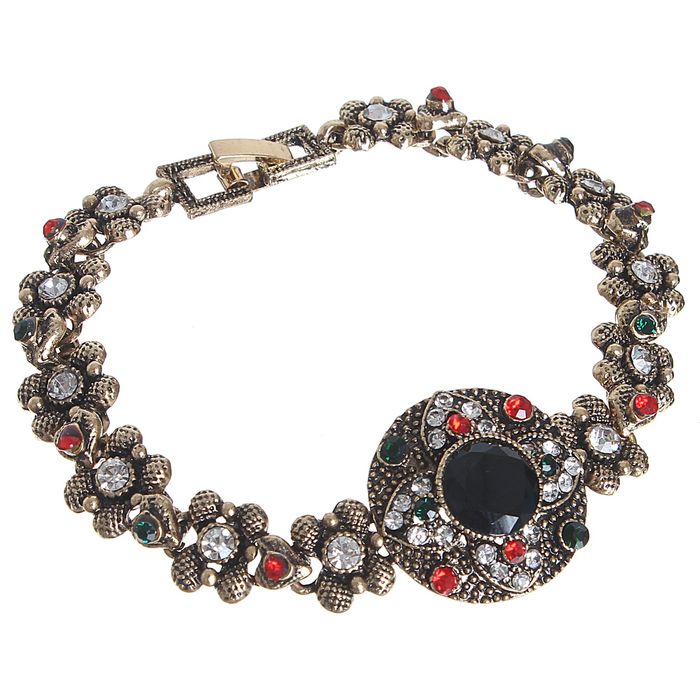 Браслет со стразами "Великолепный век" цветы с кругом, цветной в черненом золоте