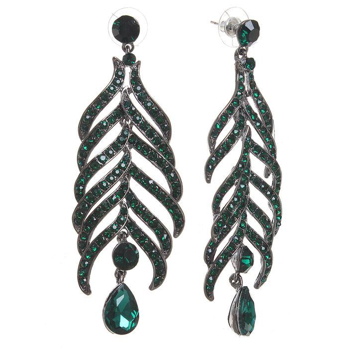 Серьги висячие со стразами "Вернисаж" перо, цвет изумрудный в сером металле