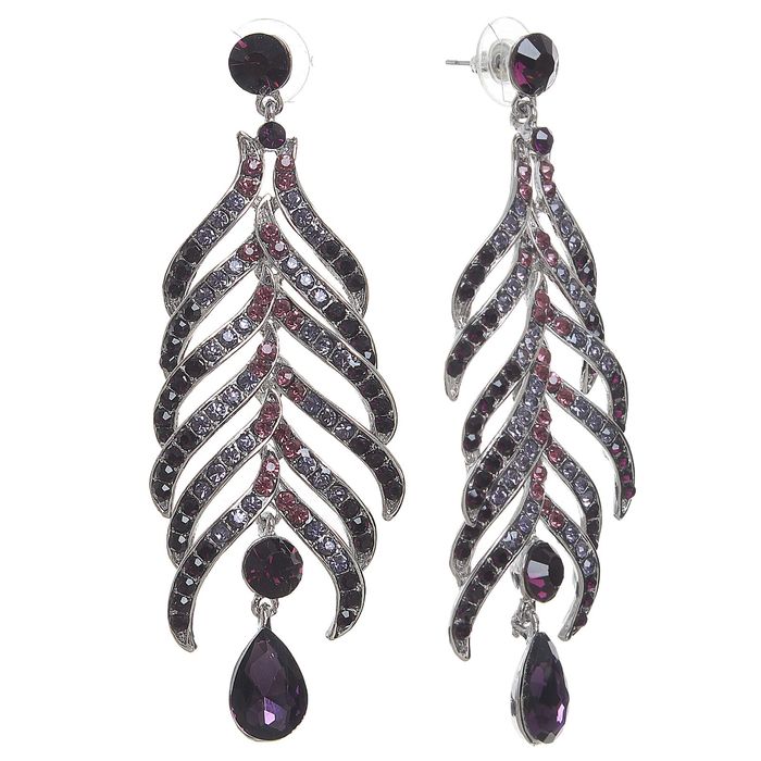Серьги висячие со стразами "Вернисаж" перо, цвет фиолетовый в серебре