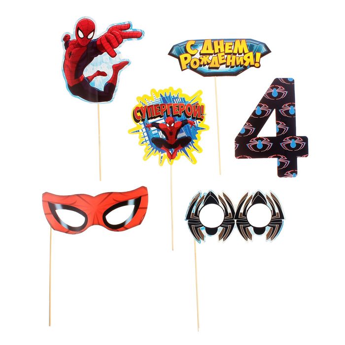 Набор фотобутафорий на палочках "4 года", Человек-паук