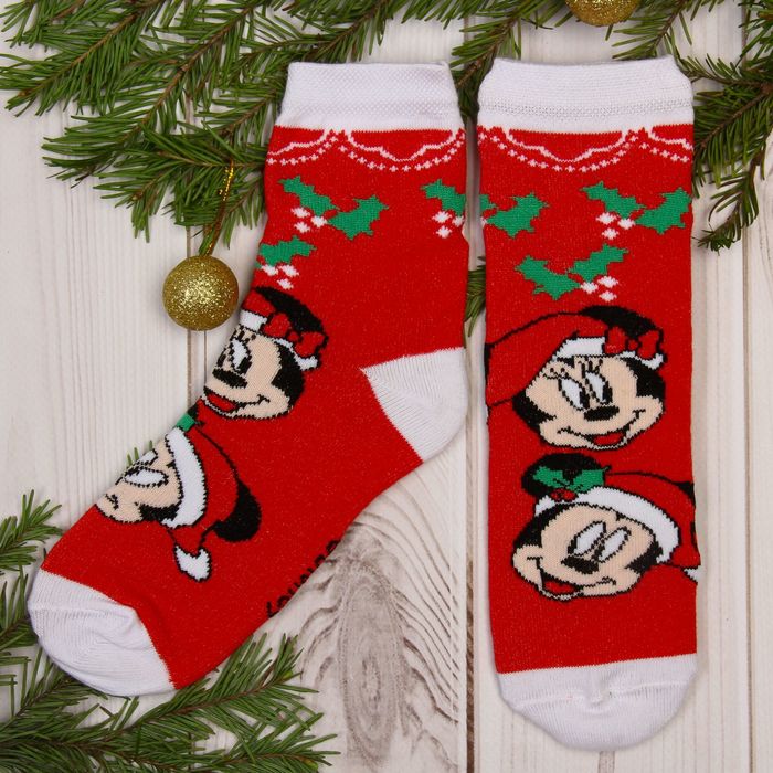 Носки детские "Новогодние", Микки Маус и его друзья, 20-22 см, 10-12 лет, 80% хлопок,17% полиамид, 3% эластан