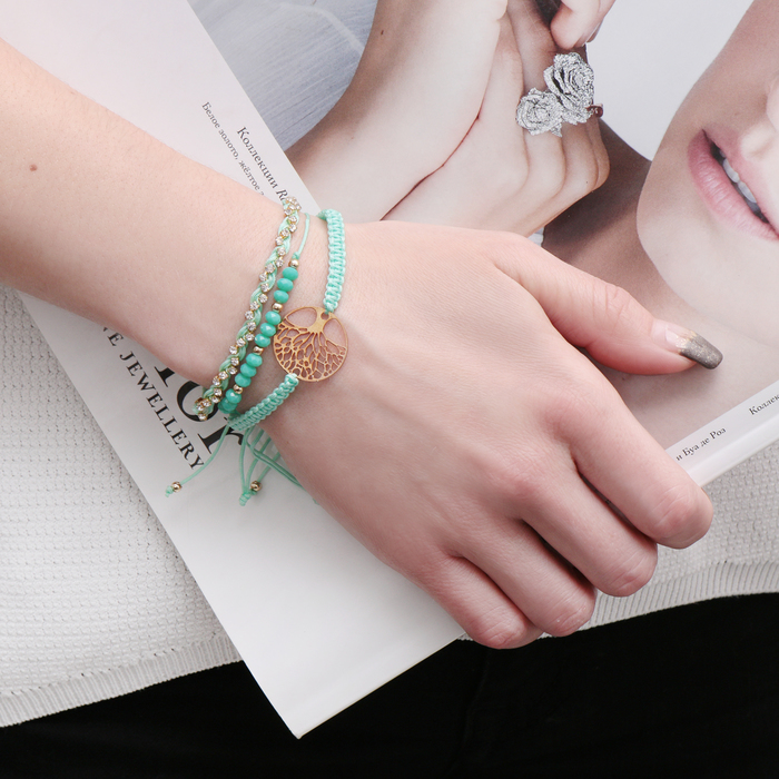 Браслет ассорти "Настроение" дерево, (набор 3 штуки), цвет бирюзово-золотой