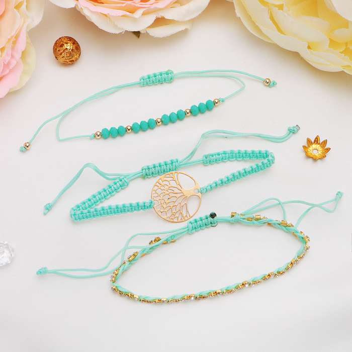 Браслет ассорти "Настроение" дерево, (набор 3 штуки), цвет бирюзово-золотой