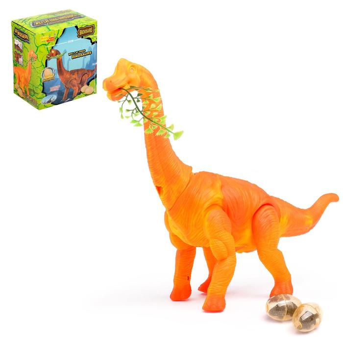 Динозавр Брахиозавр травоядный, работает от батареек, откладывает яйца, с проектором, цвет оранжевый