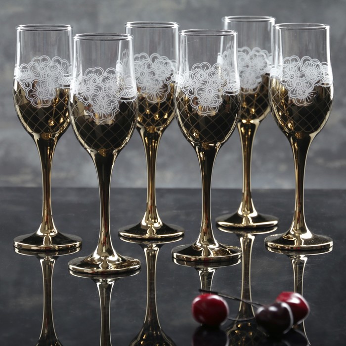 Набор бокалов для шампанского 200 мл "Золотая сетка. Цветы", 6 шт