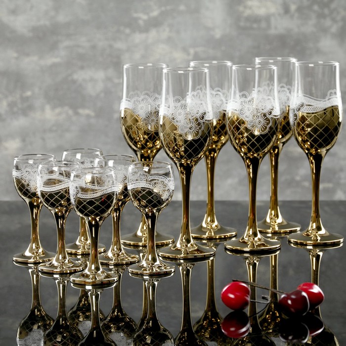 Набор "Золотая сетка. Цветы", 12 предметов: 6 бокалов 200 мл, 6 рюмок 60 мл