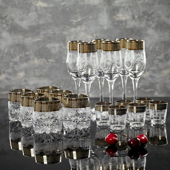 Набор "Барокко", 18 предметов: 6 бокалов 200 мл, 6 стаканов виски 200 мл, 6 стопок 50 мл