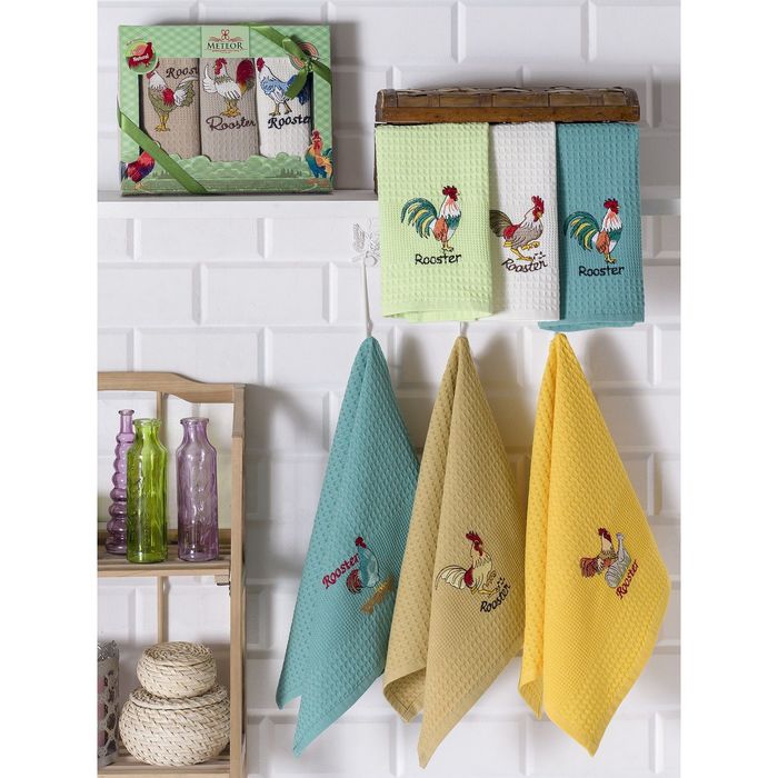 Набор салфеток 40х60см 3шт вышивка ПЕТУШОК цв микс, вафля хлопок, в коробке