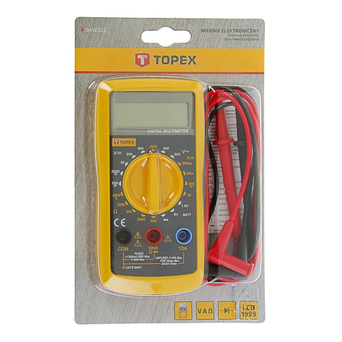 Мультиметр TOPEX, цифровой, универсальный, проверка диодов, проверка батарей 1.5/9 В