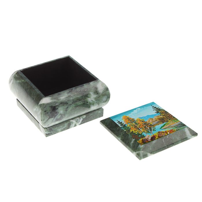 Шкатулка из змеевика "Осень" 8х8х6,5 см с флоком внутри, с рисунком акриловыми красками